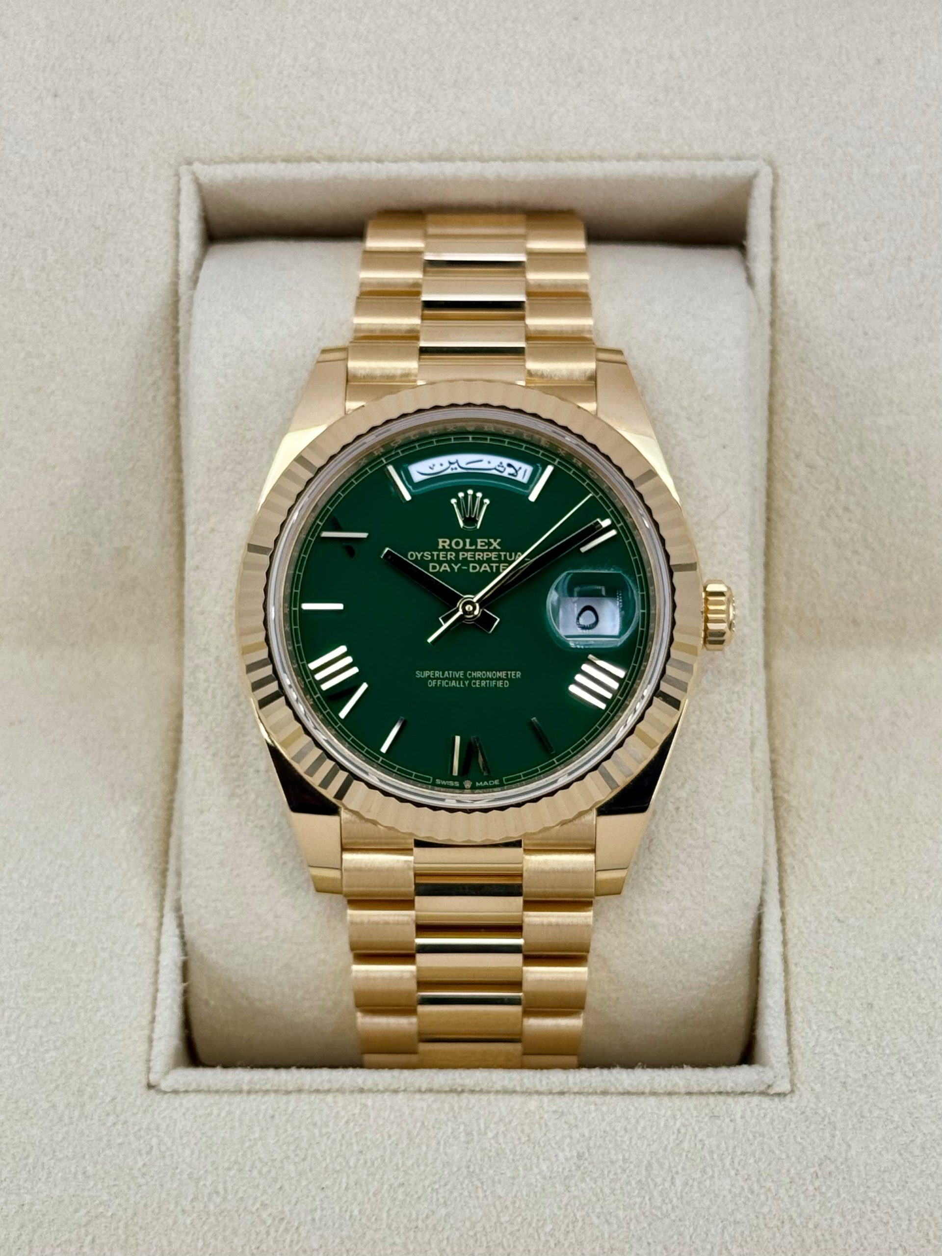 2023 Rolex Day-Date 40mm 228238 Arabic Calendar Green Dial