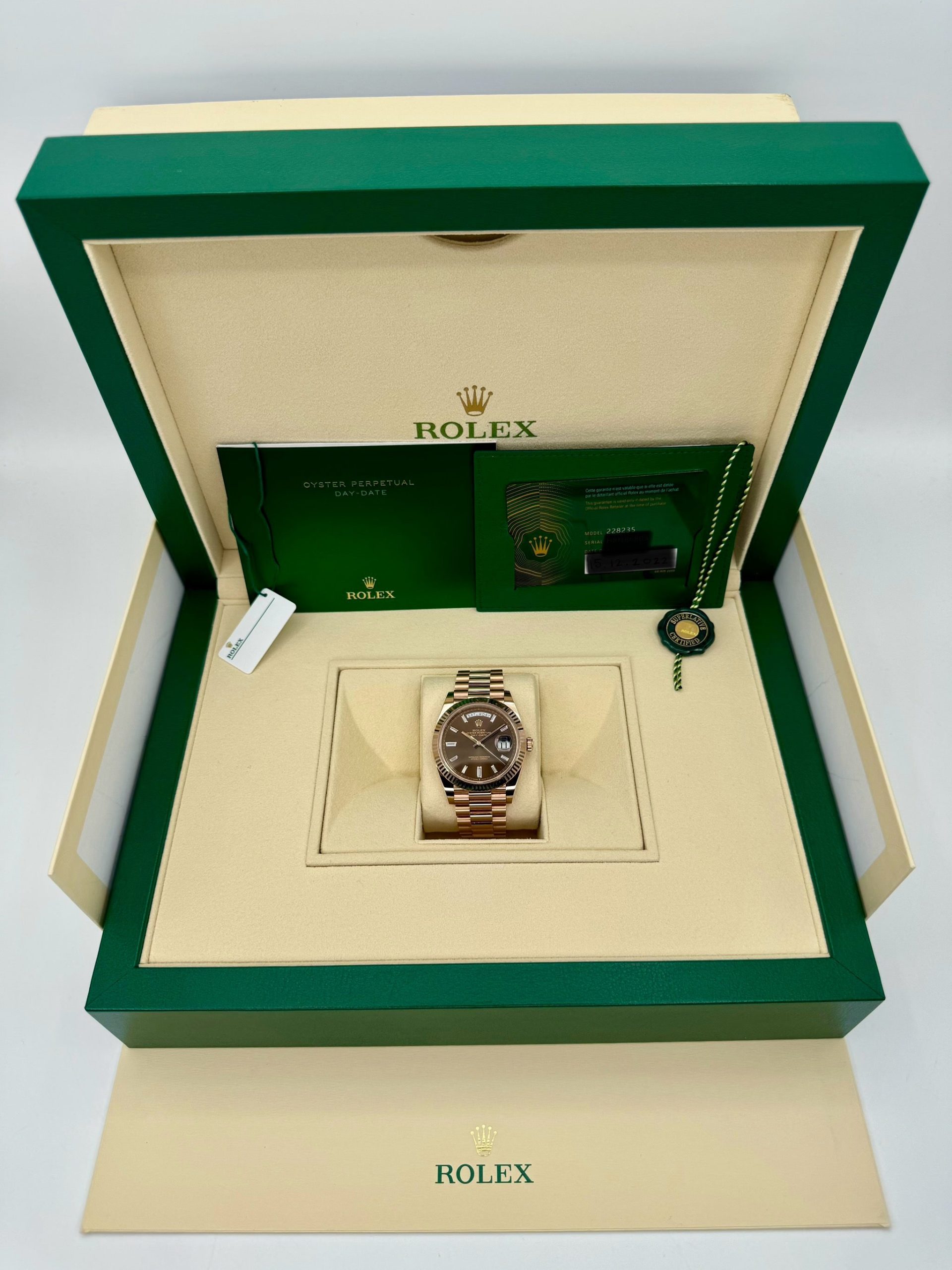 NEW Rolex Day-Date 40mm 228235 Rose Gold Chocolate Baguette Dial - Image 10