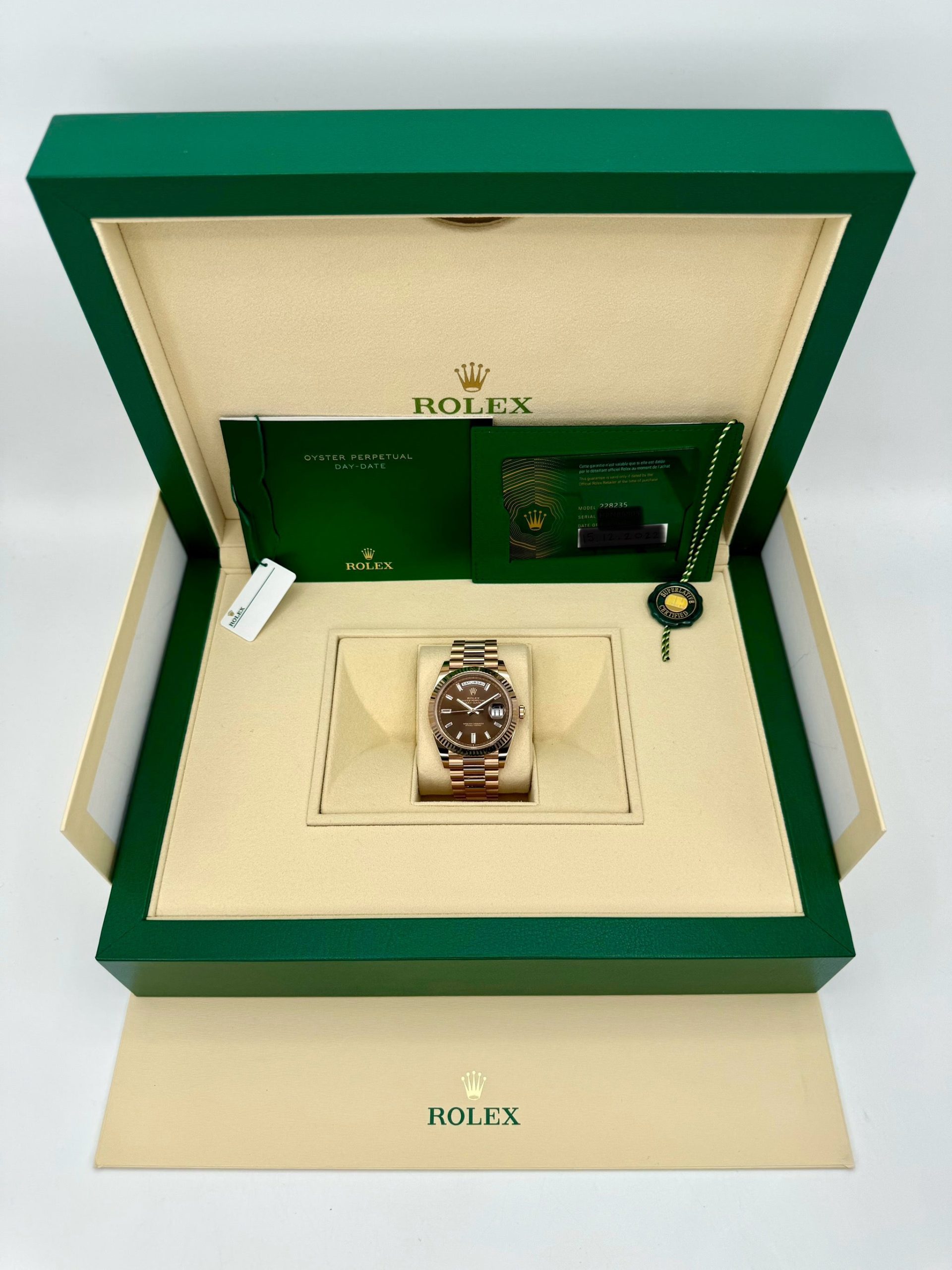 NEW Rolex Day-Date 40mm 228235 Rose Gold Chocolate Baguette Dial - Image 9