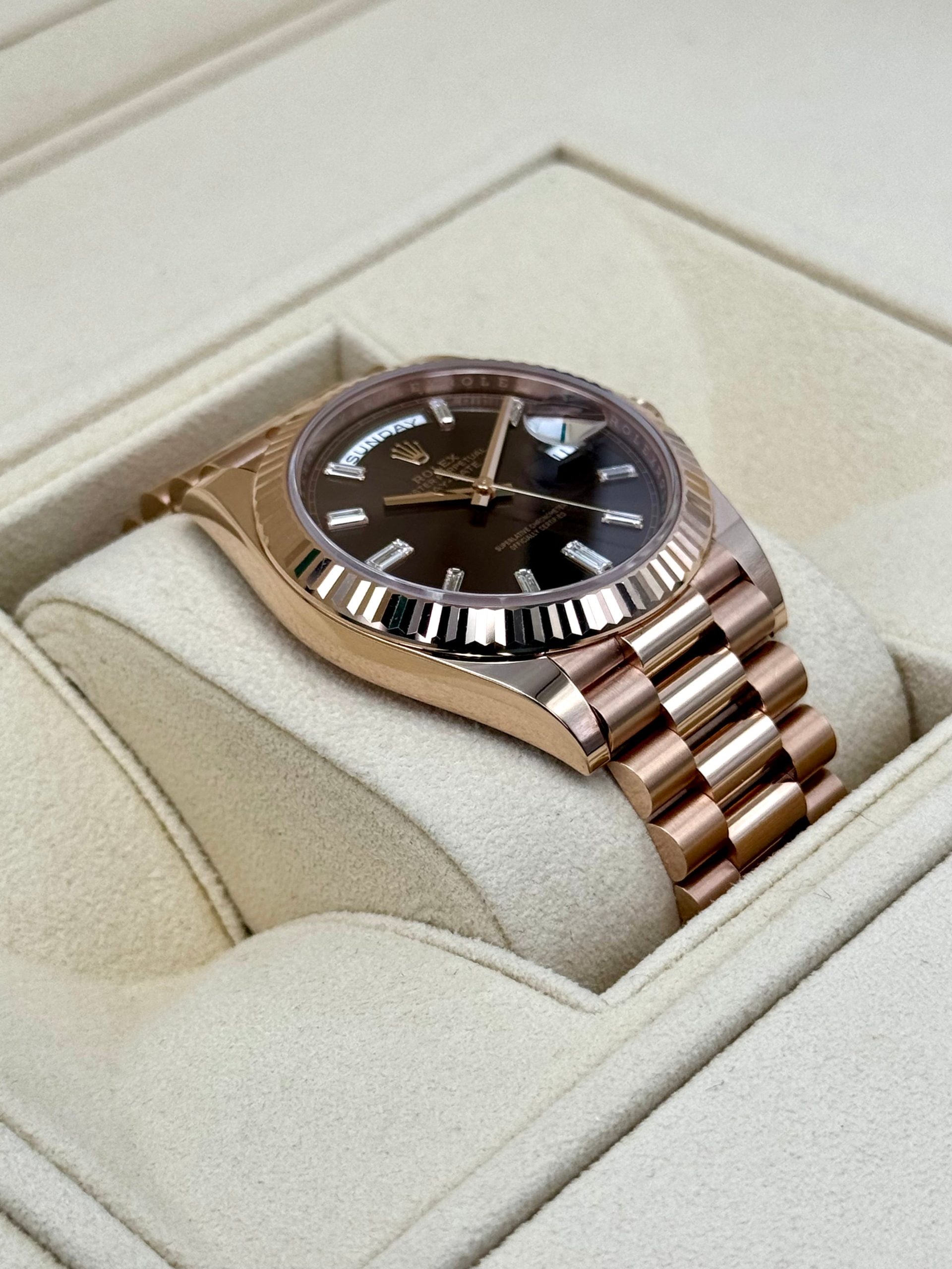 NEW Rolex Day-Date 40mm 228235 Rose Gold Chocolate Baguette Dial - Image 6