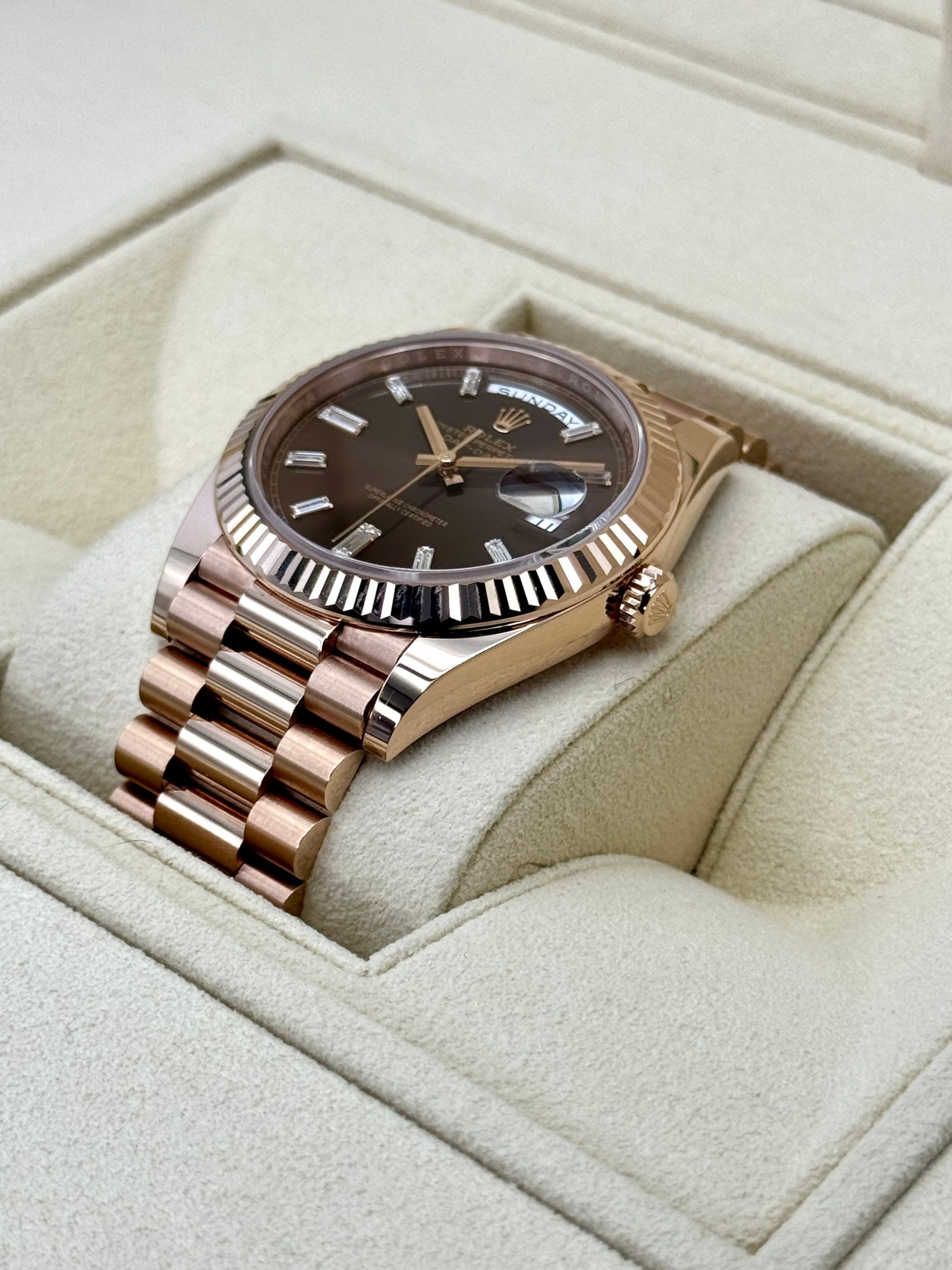 NEW Rolex Day-Date 40mm 228235 Rose Gold Chocolate Baguette Dial - Image 5