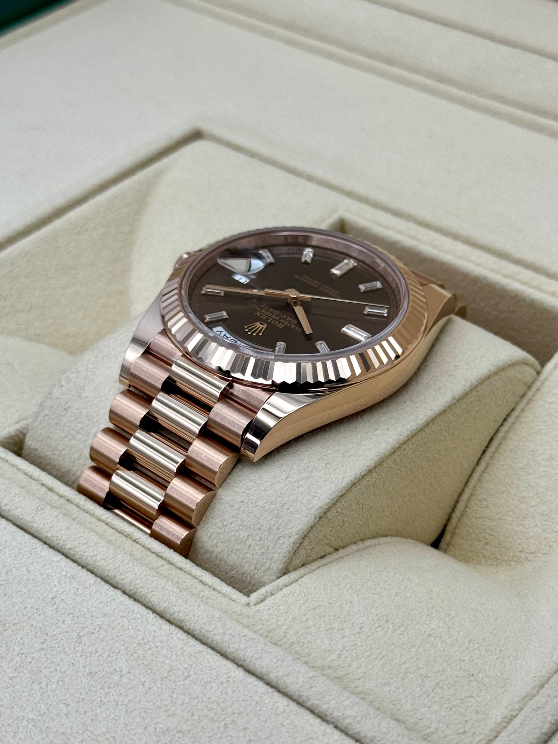 NEW Rolex Day-Date 40mm 228235 Rose Gold Chocolate Baguette Dial - Image 8
