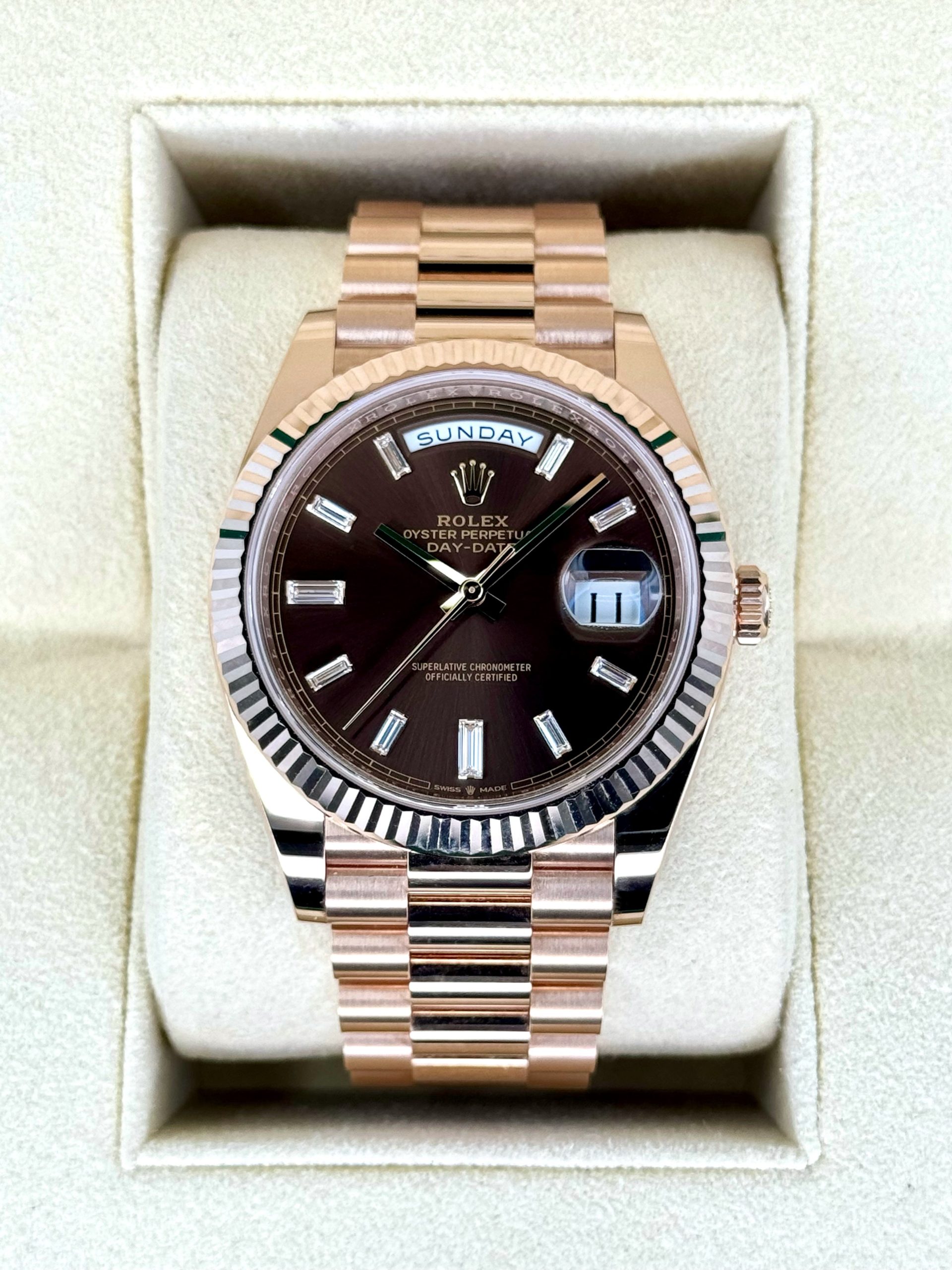 NEW Rolex Day-Date 40mm 228235 Rose Gold Chocolate Baguette Dial