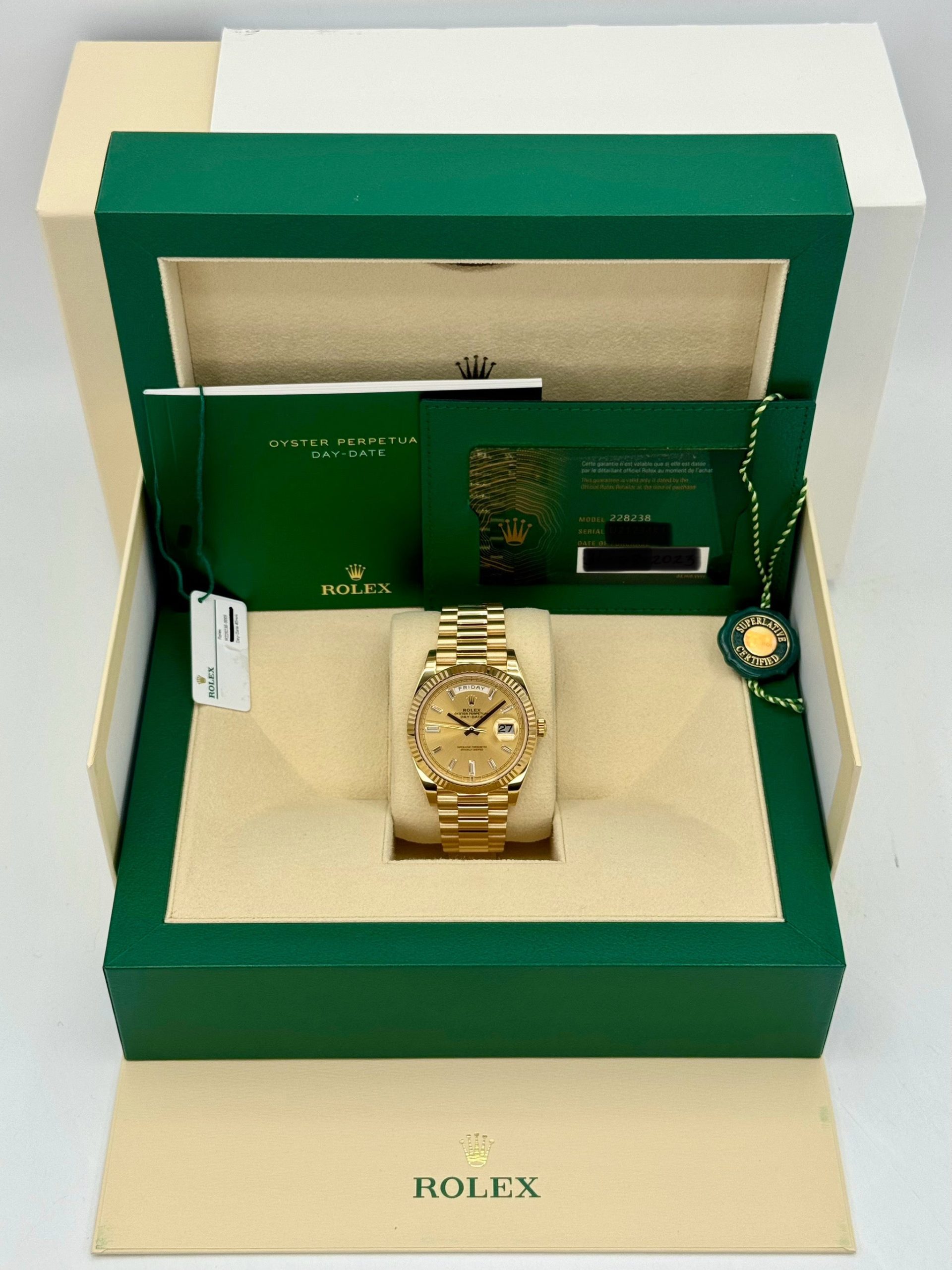 2023 Rolex Day-Date 40mm 228238 Champagne Diamond Baguette Dial - Image 11