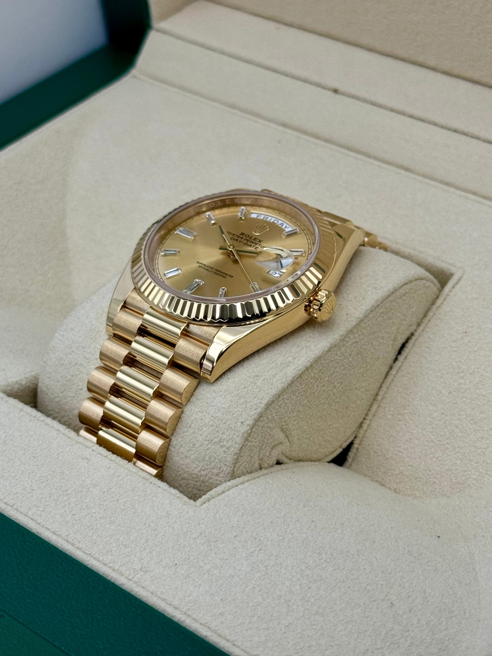 2023 Rolex Day-Date 40mm 228238 Champagne Diamond Baguette Dial - Image 7