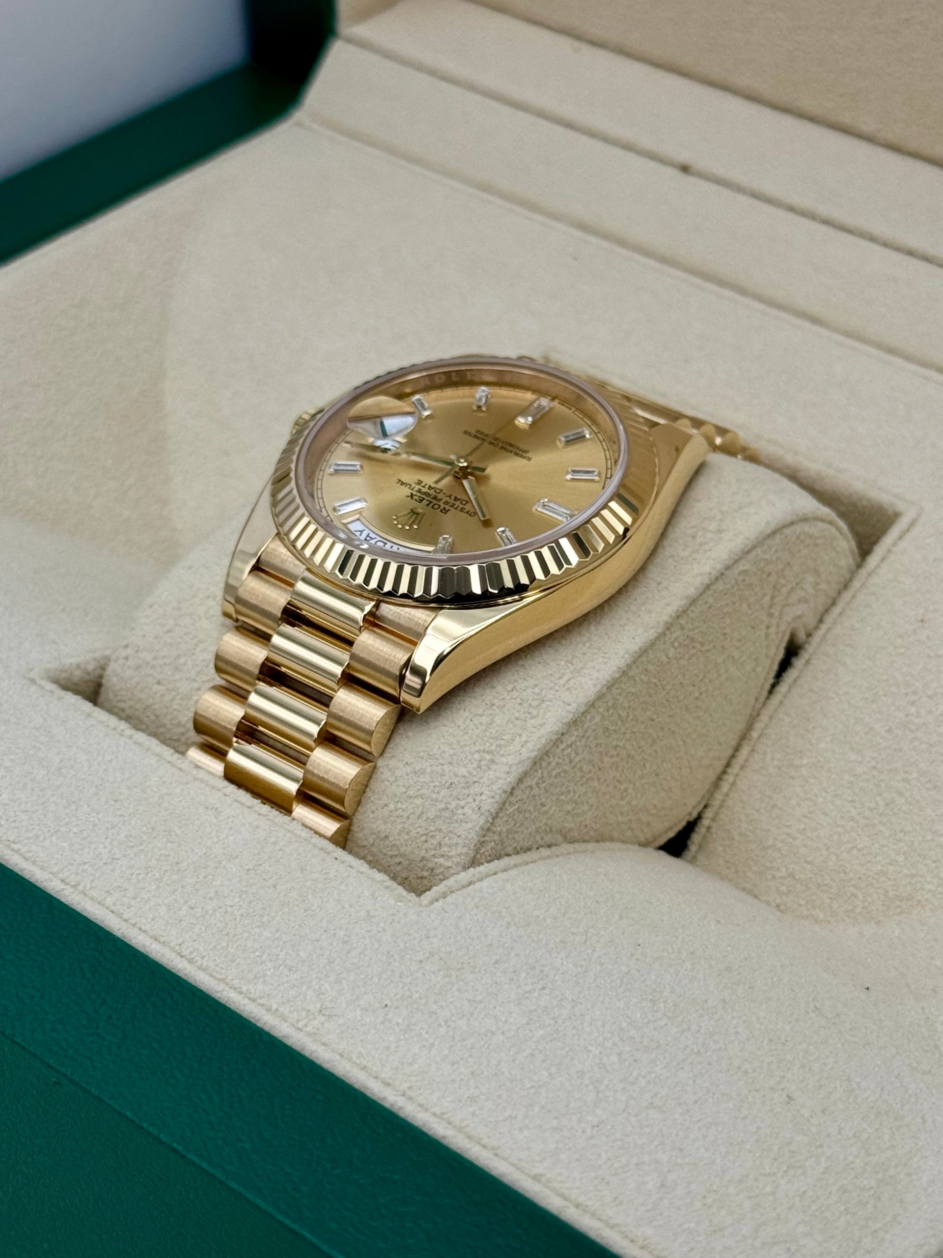 2023 Rolex Day-Date 40mm 228238 Champagne Diamond Baguette Dial - Image 5