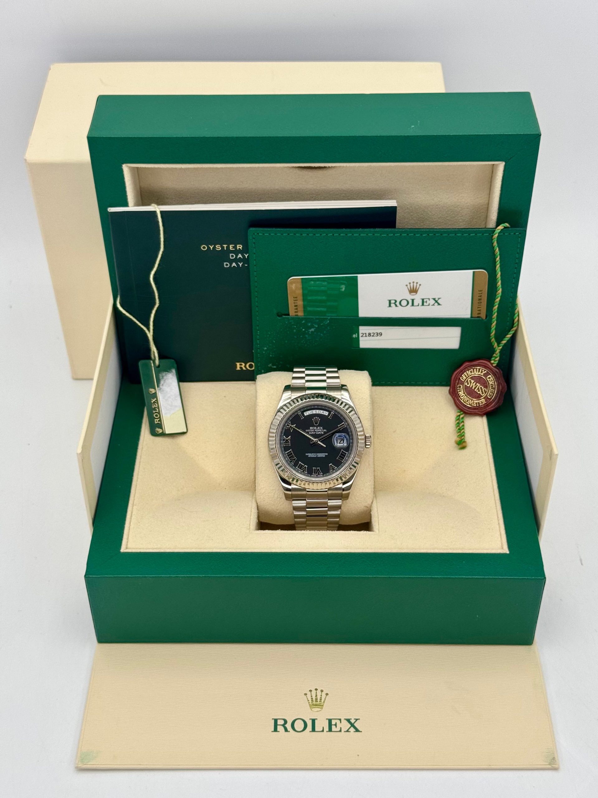 2015 Rolex Day-Date II 41mm 218239 White Gold Presidential Black Dial - Image 10