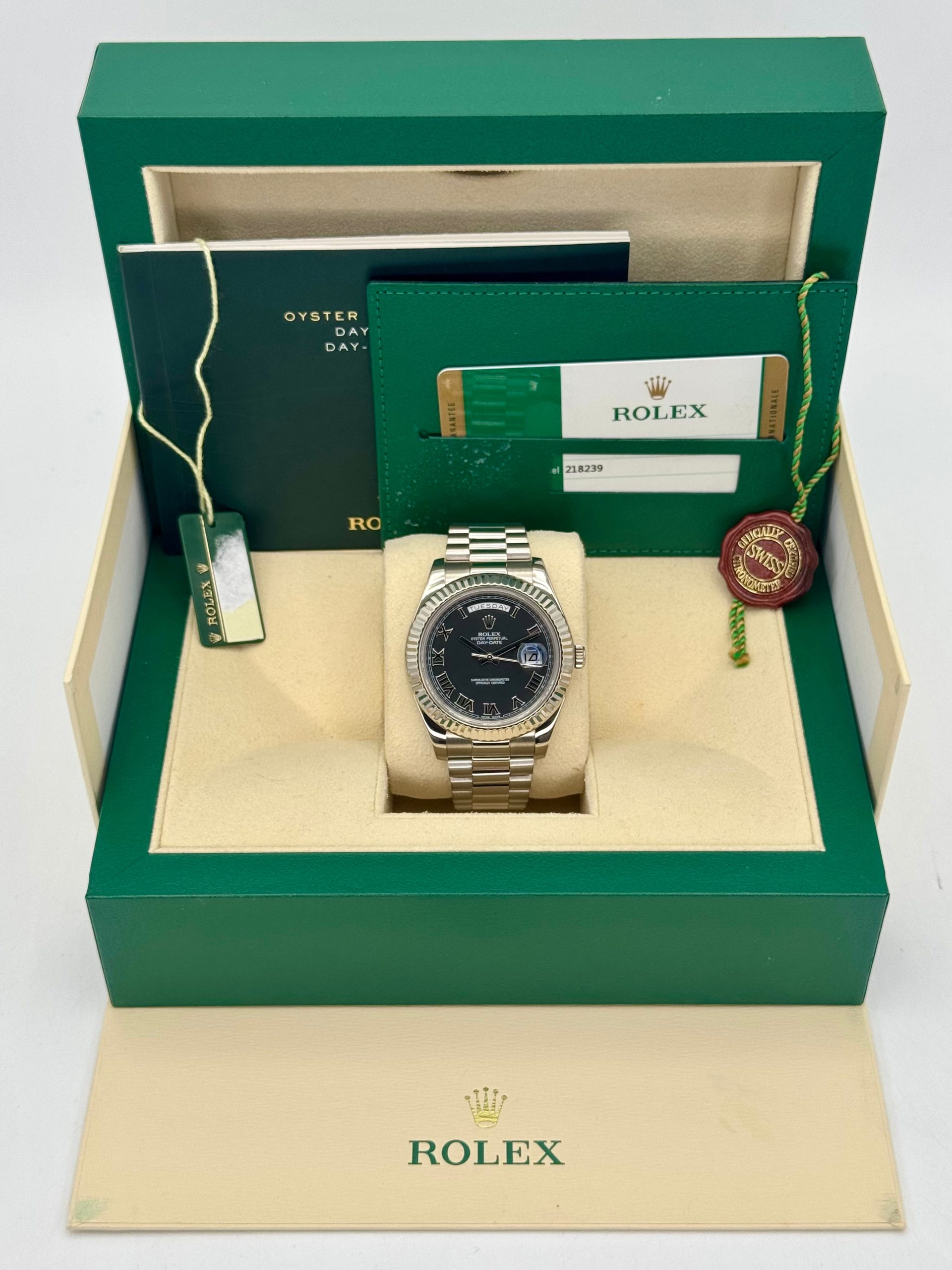 2015 Rolex Day-Date II 41mm 218239 White Gold Presidential Black Dial - Image 9