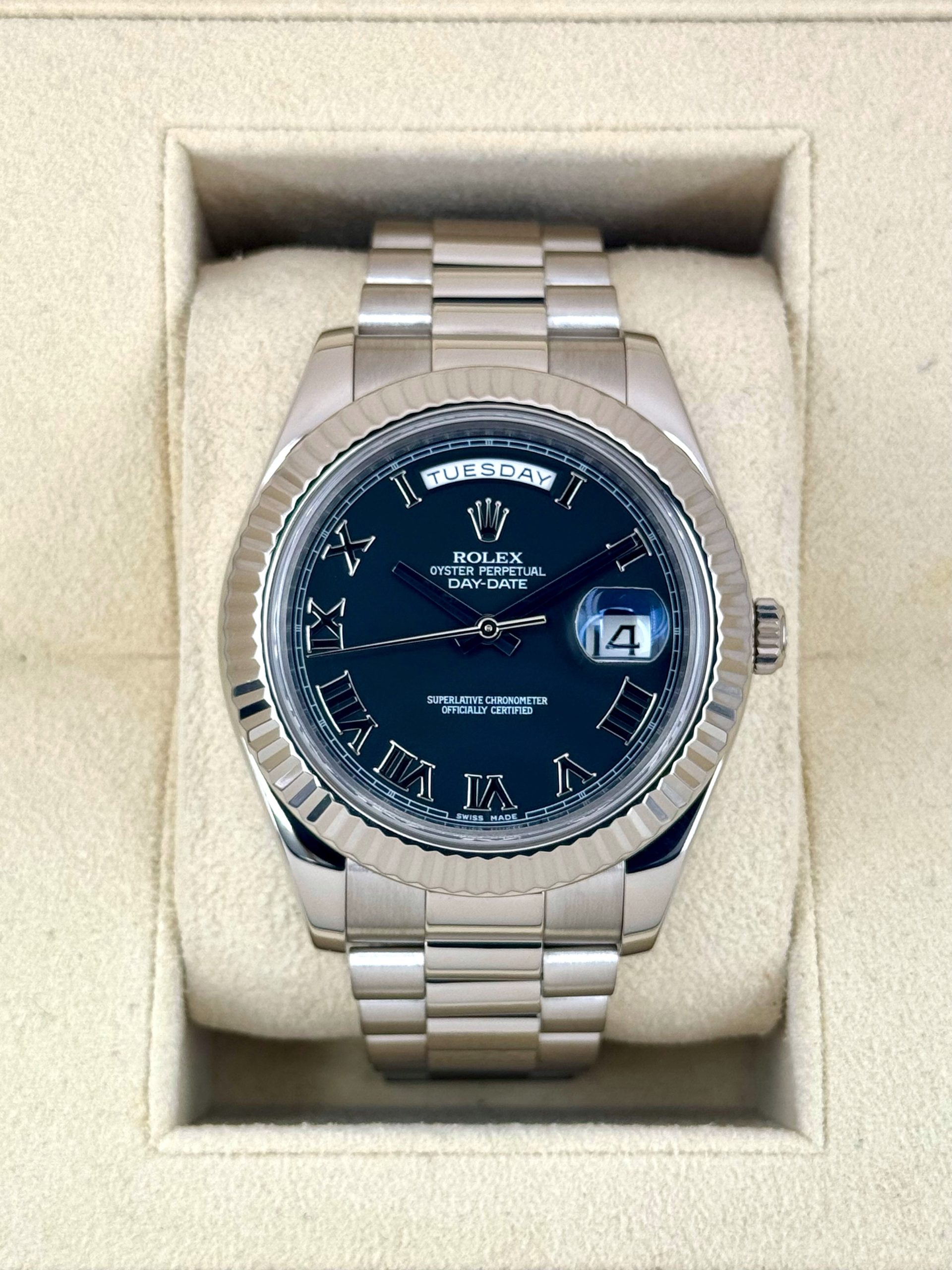 2015 Rolex Day-Date II 41mm 218239 White Gold Presidential Black Dial