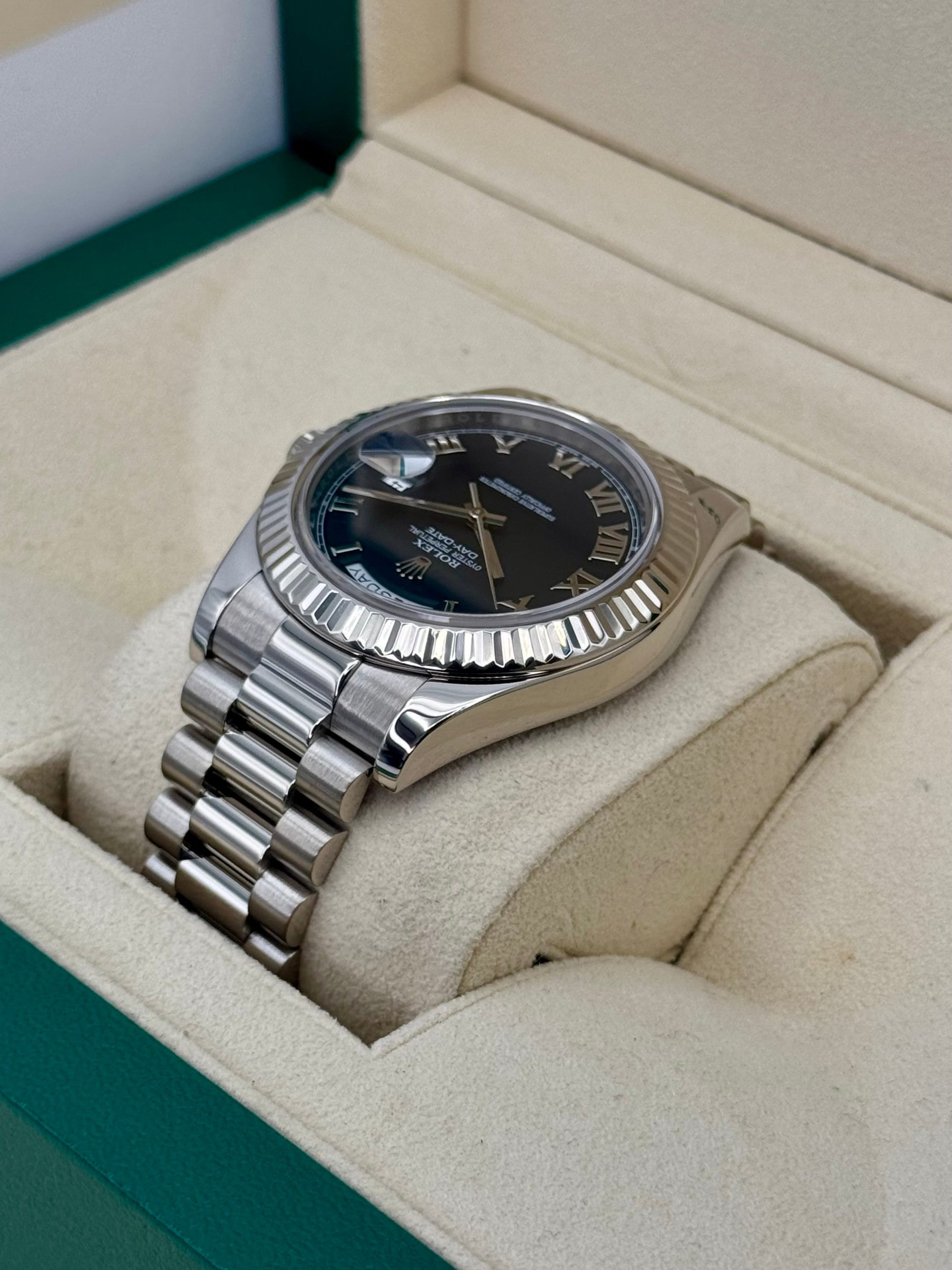 2015 Rolex Day-Date II 41mm 218239 White Gold Presidential Black Dial - Image 7